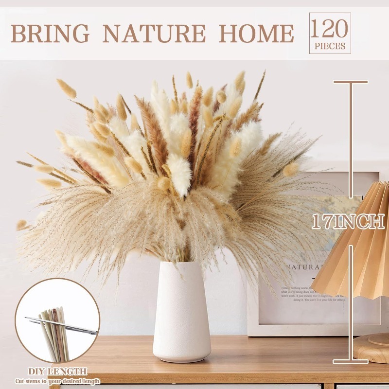 120Pcs Boho Natural‑tone Mixed - Dried Pampas Bundle 评论和价格